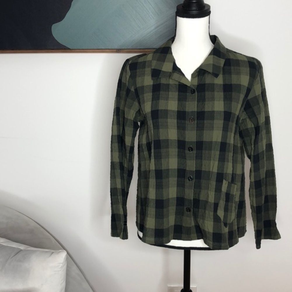 Habitat Green and Black Plaid Button Down A Line Top, S